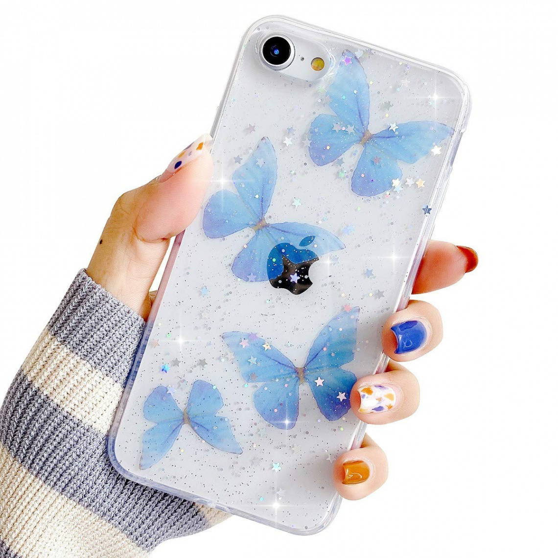 Compatible with iPhone /S Case for Women and Girls, Bling Glitter  Silicone Bumper Cover Cute Blue Butterfly Sparkle Stars Design Transparent  Soft