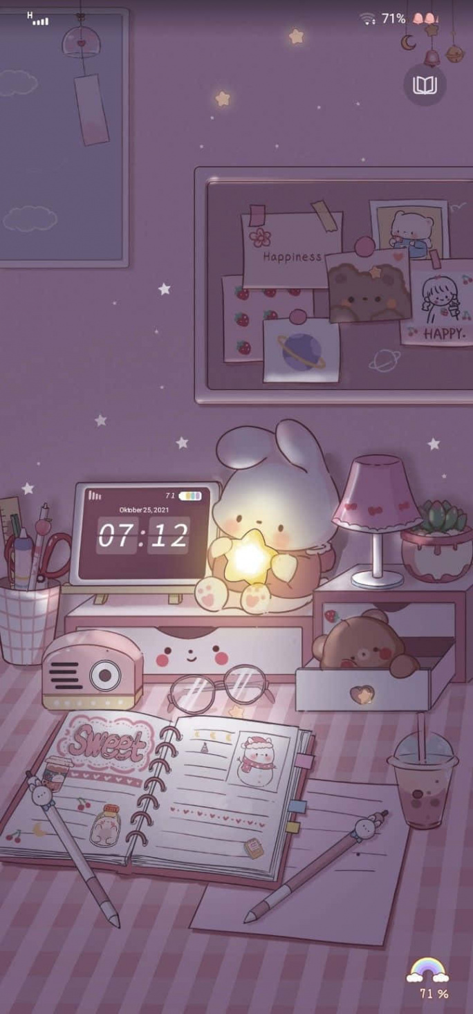 Download Cute Kawaii Rabbit In A Purple Study Table Wallpaper