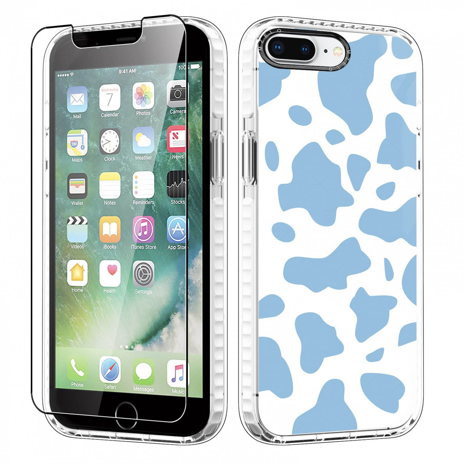 MZELQ iPhone  Plus Case, Cute Blue Cow Pattern Transparent TPU Case with  Screen Protector Compatible with iPhone  Plus