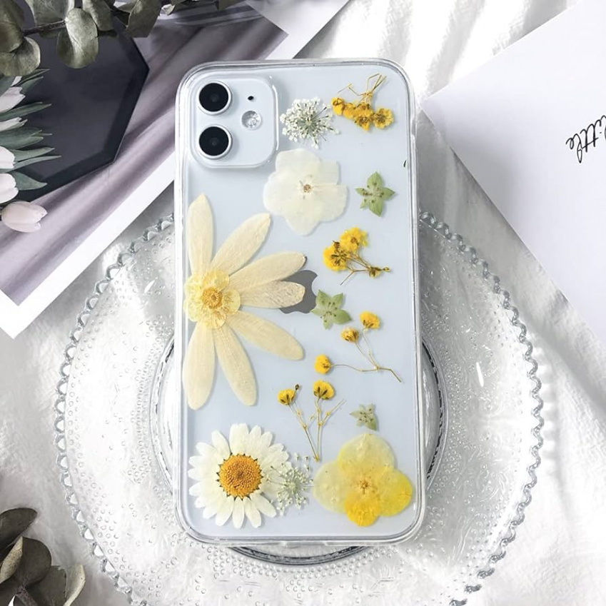 Tybiky iPhone  Mini Case Real Flowers Mobile Phone Case Transparent  Rubber Crystal Protective Case Handmade Colourful Dried Flower Art Case  Cover