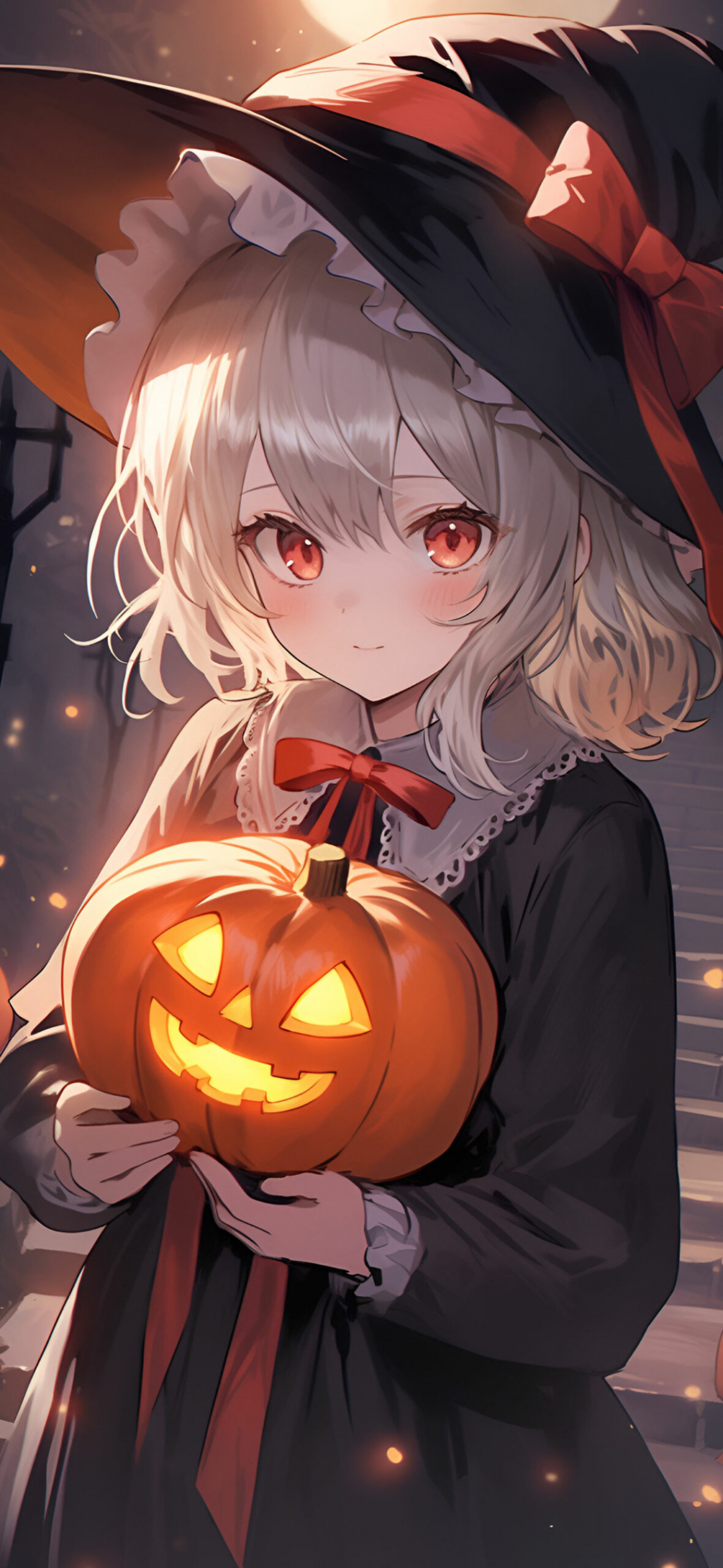 Cute Anime Girl with Jack-o-Lantern Halloween Wallpapers iPhone