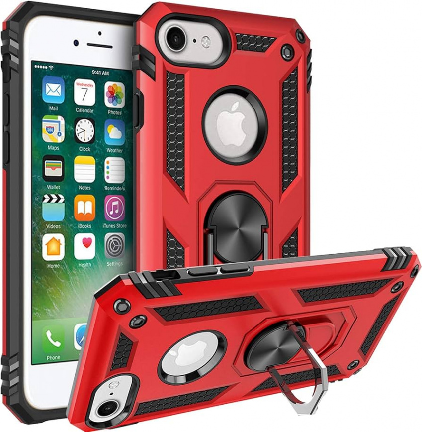 Fetrim Case Compatible with iPhone , Dual Layer Shockproof Protective Case  with Rotating Ring Stand for Apple iPhone /S// Red