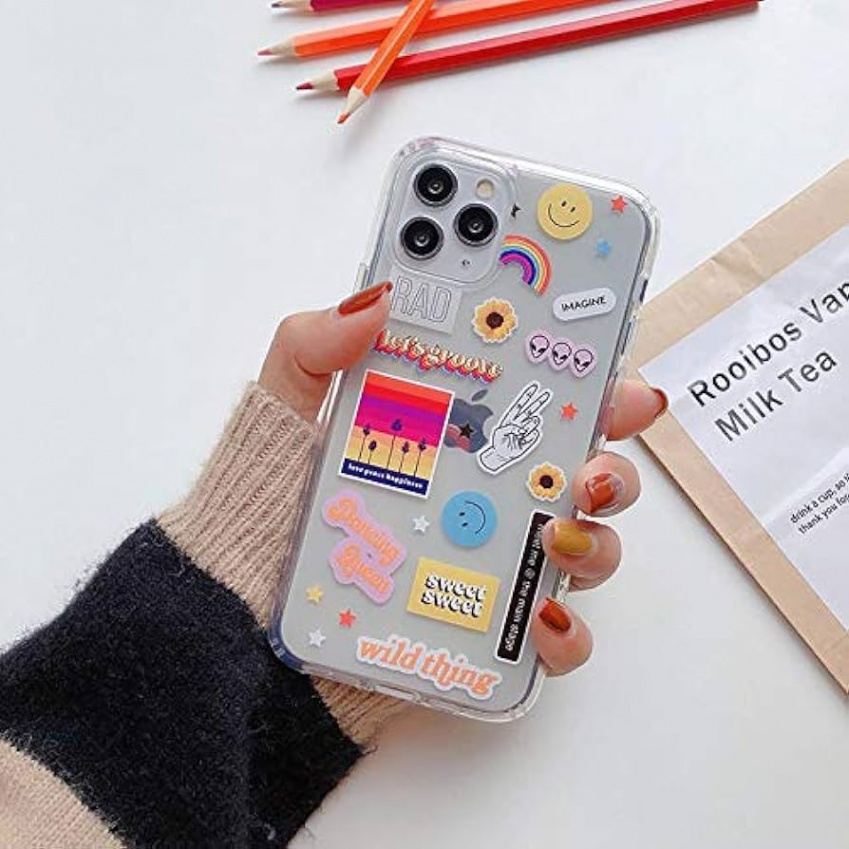 iPhone XS Max Case with Print Good Vibes Rainbow Cute Stickers Cute iPhone  Case with Pattern Design Trend Vintage Mobile Phone Case Protective Cover