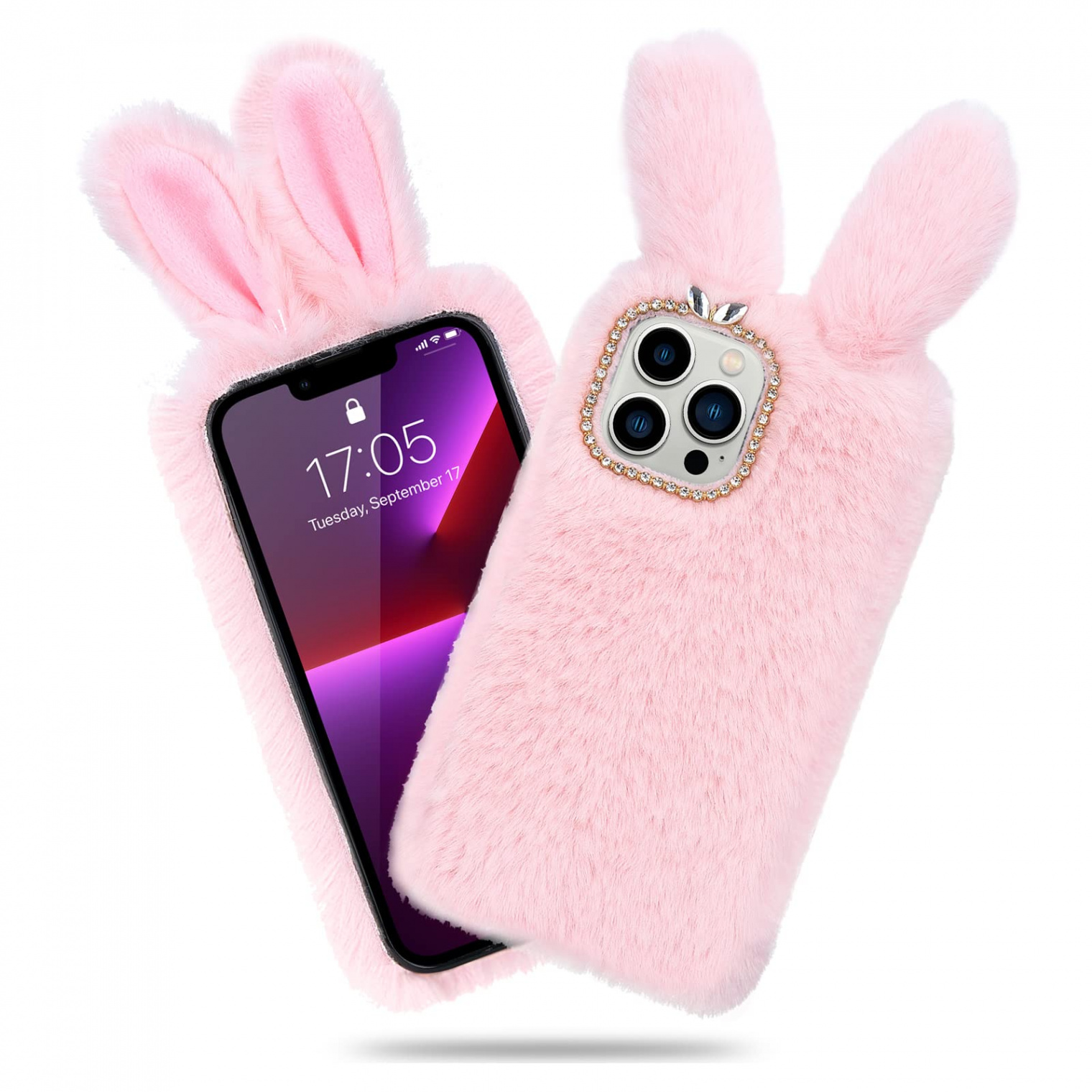 ROSEHUI Plush Rabbit Case for iPhone  Pro, Cute Furry Rabbit Ears Girls  Winter Soft Warm Fluffy Mobile Phone Case Silicone Case Faux Fur Glitter