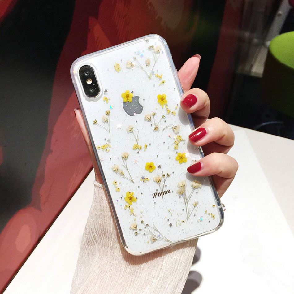 Shinymore Kompatibel mit iPhone  Pro Max Flower Case, Soft Clear Flexible  Rubber Pressed Dry Real Flowers Case Girls Glitter Floral Cover Compatible