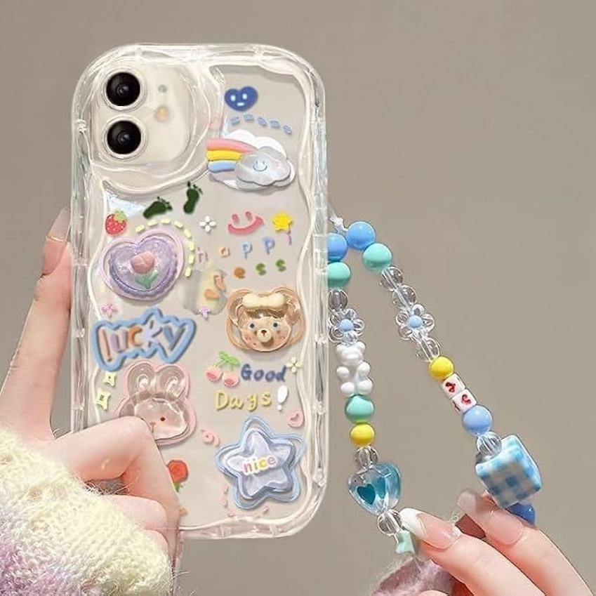 Veelgeluk Kompatibel für iPhone  Hülle Niedlich Klar D Bär Floral  Ästhetische Handyhülle mit Lovely Bear Heart Chain Handyhülle Girly Woman  für